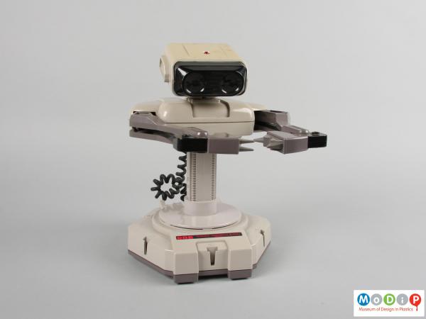 Front view of a robot showing the up held arms.