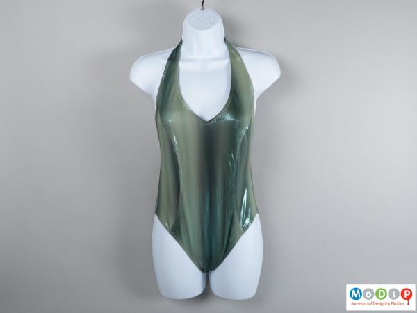 Front view of a simming suit showing the halter neck.