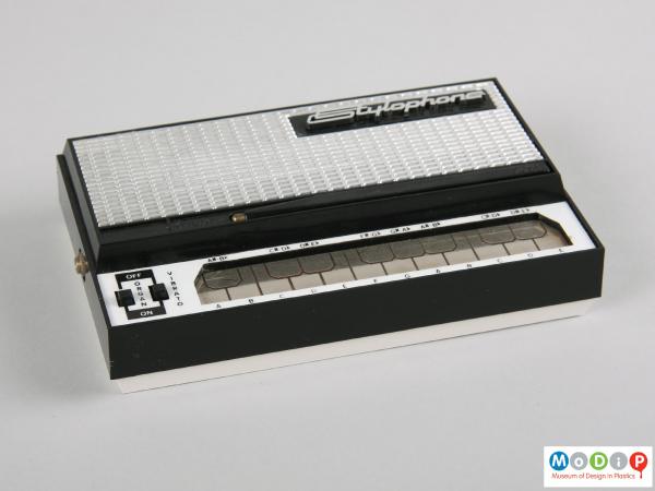 Front view of a Stylophone showing the conductive key pads.