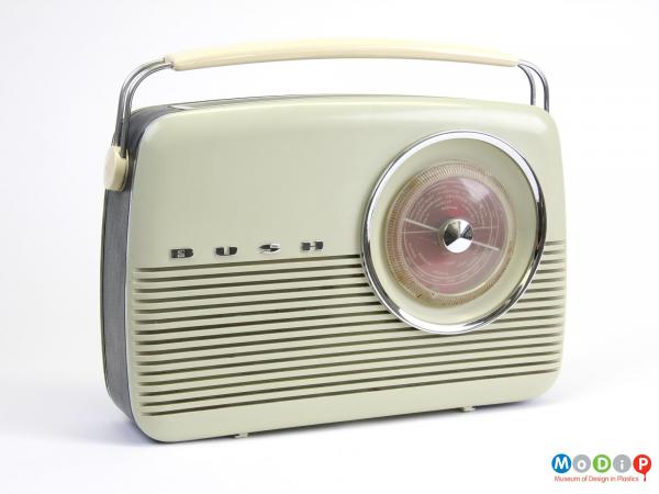 Front view of a radio showing the large round dial.