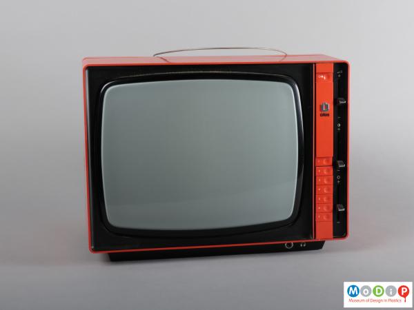 Front view of a television showing the push button controls on the right of the screen.