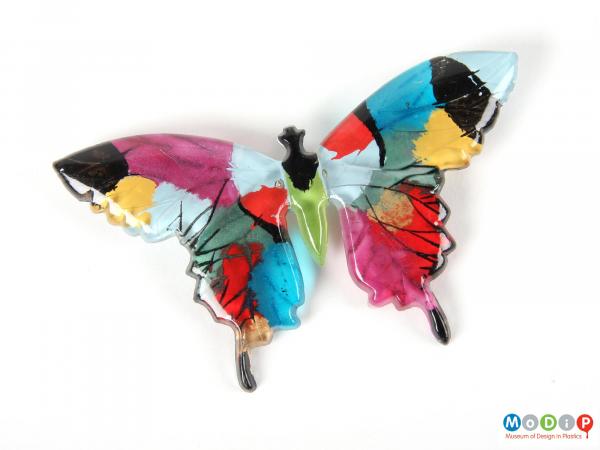 Front view of a butterfly brooch showing the shape of the wings and body.