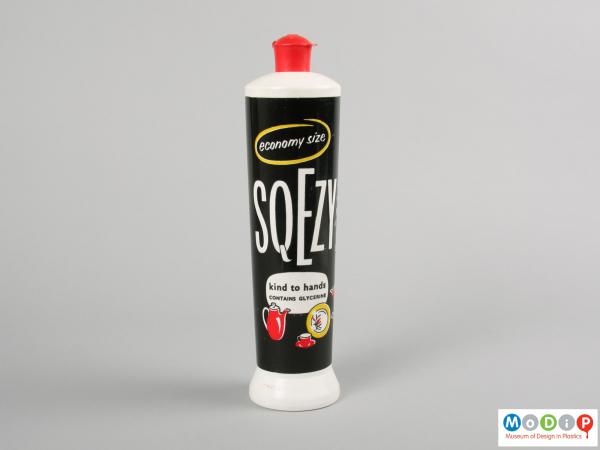 Front view of a Sqezy bottle showing the printed design.