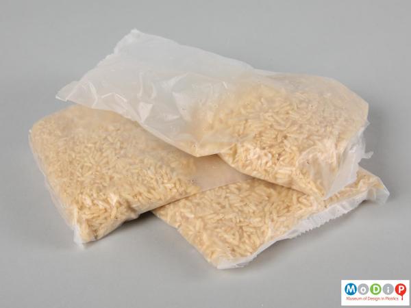 Side view of a boil-in-the-bag packaging showing the bags filled with rice.