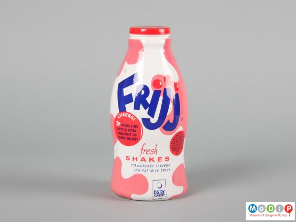 Side view of a Frijj bottle showing the illustrated wrapper.