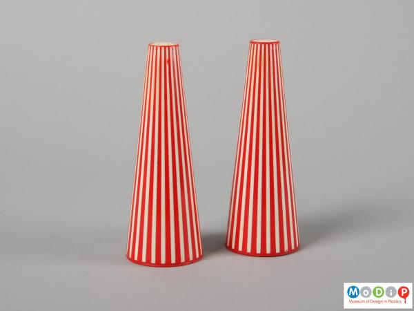 Side view of a salt and pepper pot showing the striped pattern.