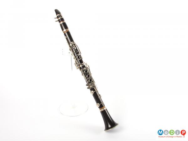 Front view of a clarinet showing the metal fixings.