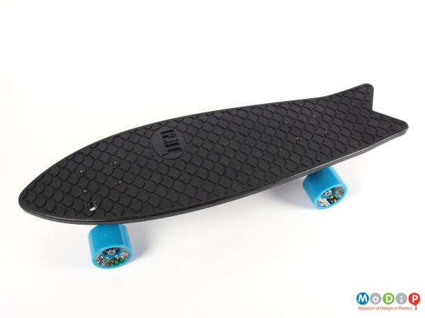 Top view of a skateboard showing the fish shape.