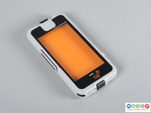 Top view of a phone case showing the clear screen cover.