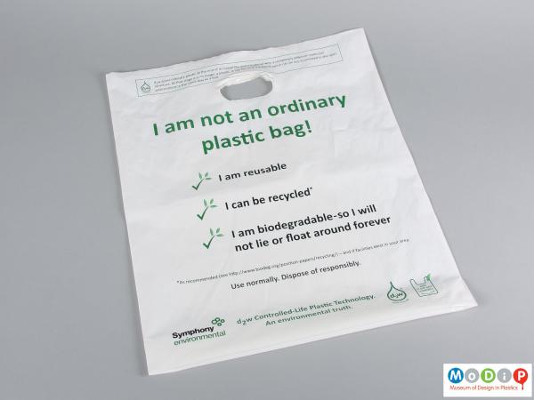 Side view of a carrier bag showing the printed information.