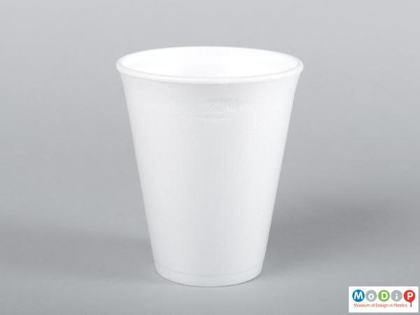 Side view of a disposable beaker showing the tapered sides.