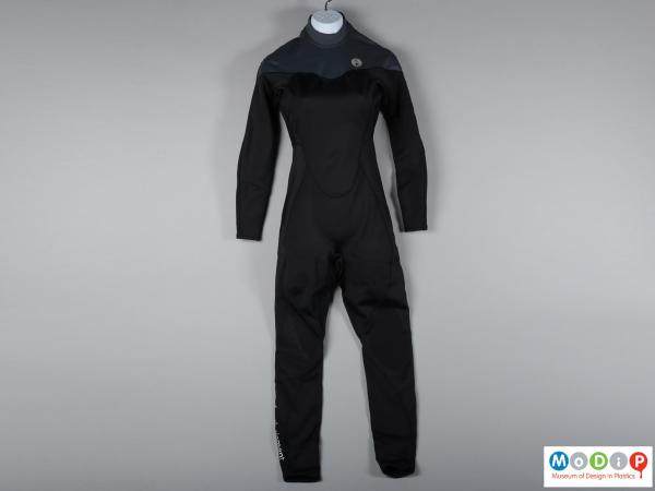 Front view of a wetsuit showing the shaping seams.
