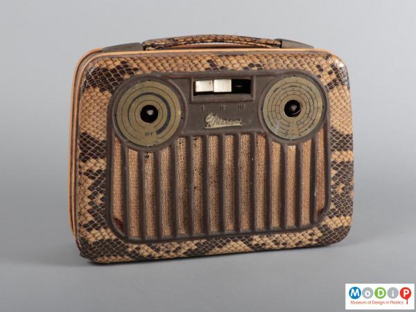 Front view of a radio showing the snakeskin style covering.