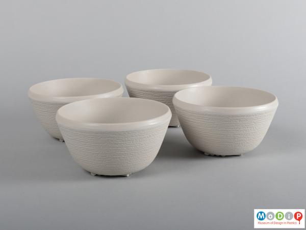 Side view of a set of bowls showing the textures outer surfaces.