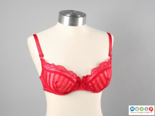 Front view of an underwired bra showing the lace edged cups.