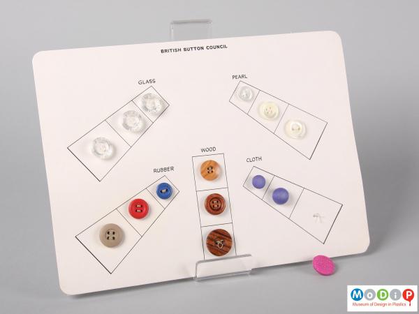 Front view of a card compiled by the British Button Council showing a selection of buttons sewn onto a display card.