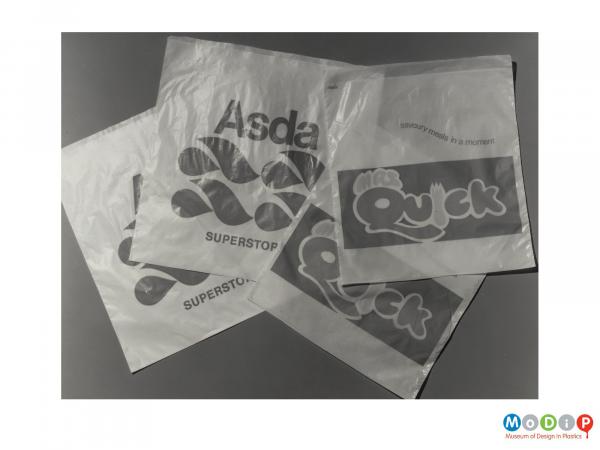 Scanned image showing two Asda bags and two Mrs Quick bags.