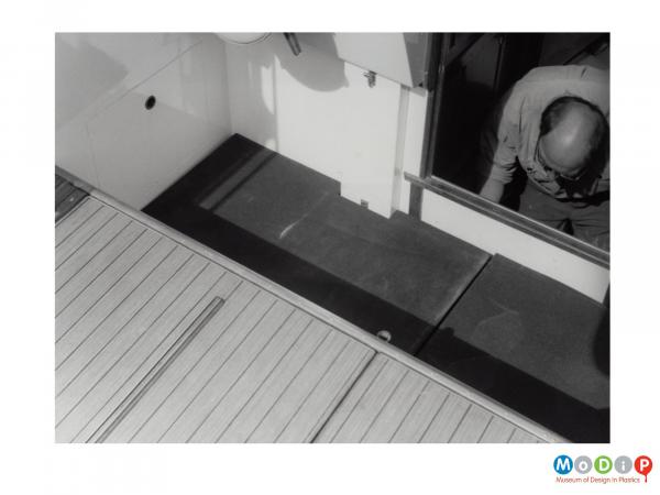 Scanned image showing the cockpit floor of a power boat lined with plastazote sheeting.