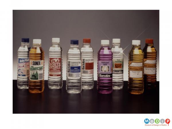 Scanned image showing a range of bottles for household chemicals.