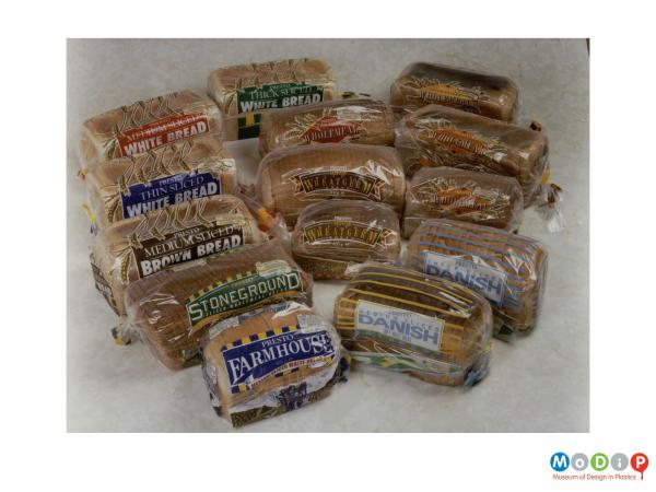 Scanned image showing a range of bread loaves in printed bags.