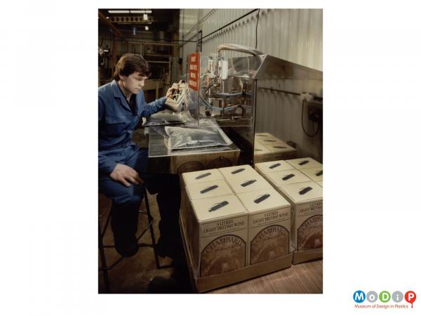 Scanned image showing a male worker filling wine bags to go inside boxes.