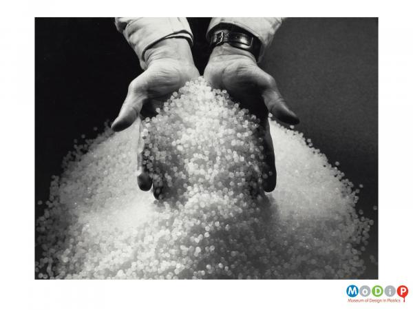 Scanned image showing a male worker holding up handfuls of granules.