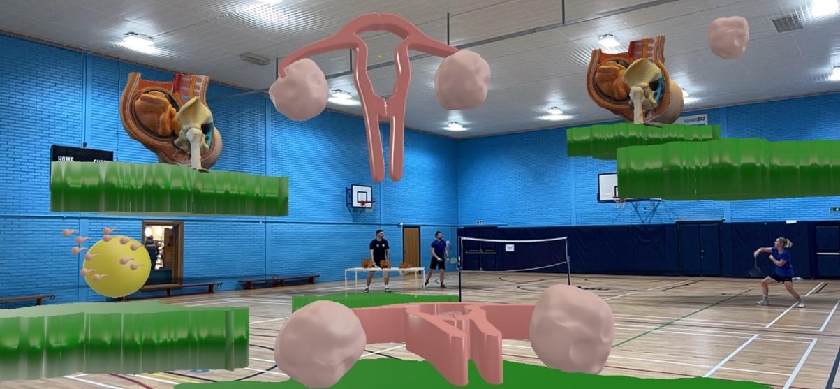 A digital rendition of the female reproductive system and gestation within a sports hall.