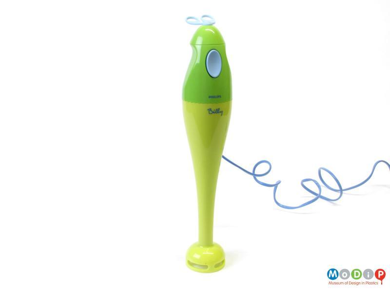 A green stick blender with a blue coloured cable.
