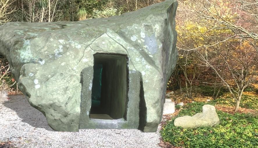 A digital image of a rock with a doorway in it.