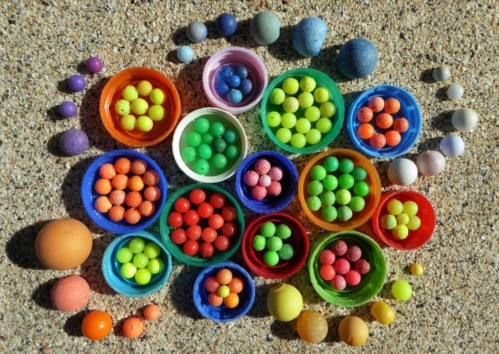 Beachcombed bottle tops and beads