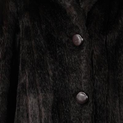 Close view of the fabric and buttons of a fake fur jacket.