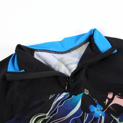 Close view of the neck of a rash guard.