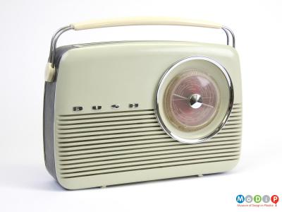 Front view of a radio showing the large round dial.