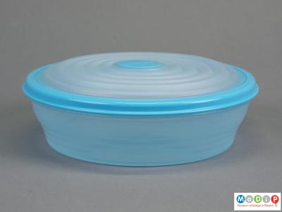 Side view of a storage bowl showing the blue rim.