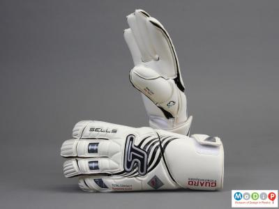 Rear view of a pair of goalkeepers gloves showing the back of the glove.
