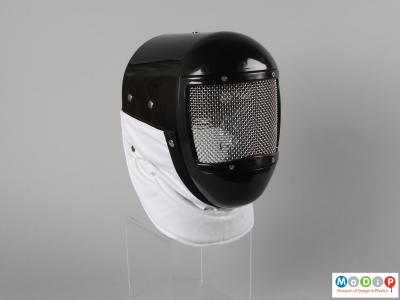 Front view of a fencing mask showing the grill over the face.