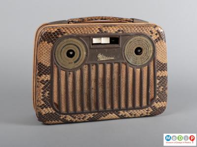Front view of a radio showing the snakeskin style covering.